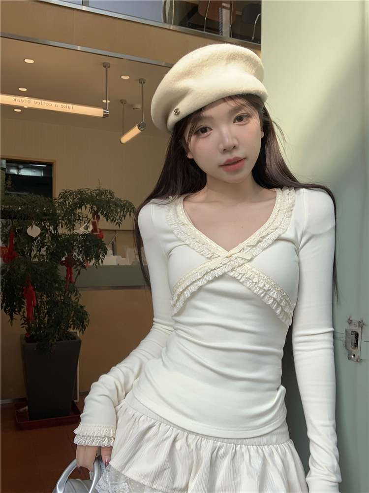 實拍~V領打底衫女秋冬內搭撞色加厚保暖針織長袖