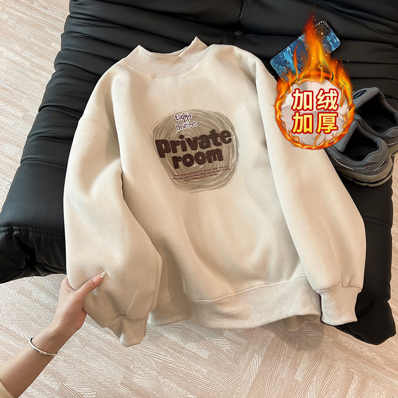 Real shot of Chinese cotton composite alpaca wool 420g sweatshirt for women in autumn and winter plus velvet half turtleneck top plus size women's 200 pounds