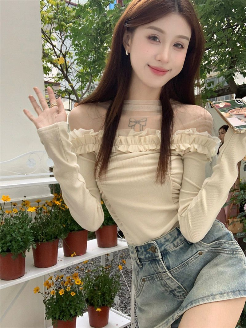 Sweet hot girl mesh splicing long-sleeved T-shirt women's spring waist design niche short style