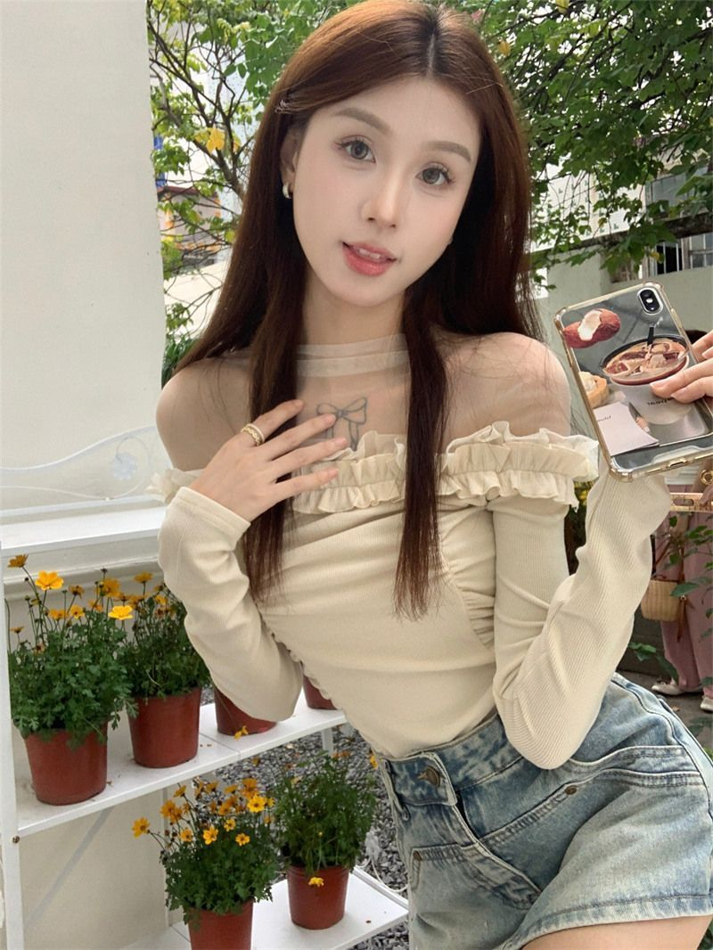 Sweet hot girl mesh splicing long-sleeved T-shirt women's spring waist design niche short style