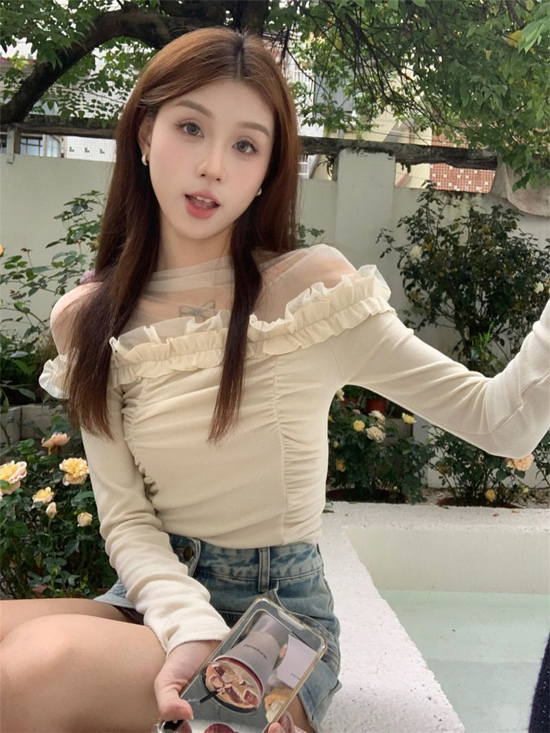 Sweet hot girl mesh splicing long-sleeved T-shirt women's spring waist design niche short style