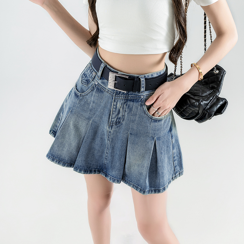 Real shot of denim short skirt for women in summer new design slimming high-waist hot girl A-line pleated skirt