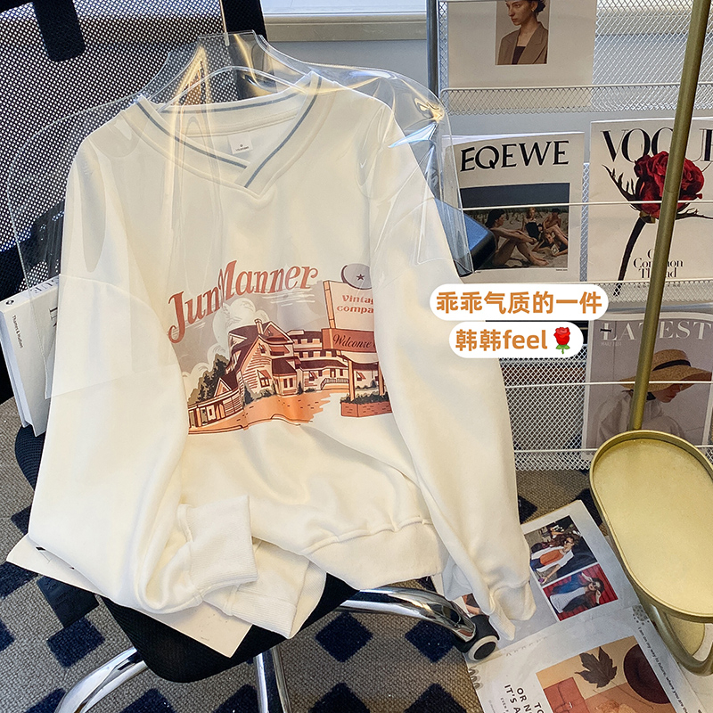 Real shot of pure cotton surface Chinese cotton composite sweatshirt women's spring and autumn thin style new trendy V-neck long-sleeved shirt tops large size women's clothing