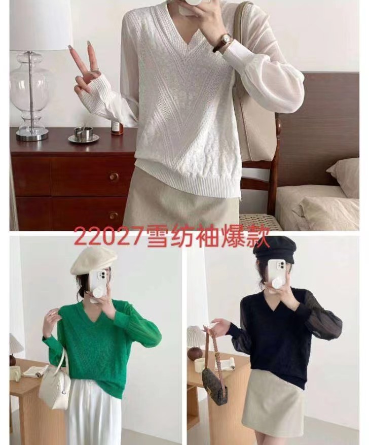 French long-sleeved chiffon bottoming shirt for women spring 2024 new winter temperament small shirt V-neck sweater
