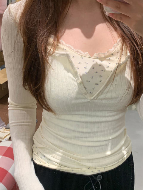 2024 spring and summer original fabric small fragrance lace long-sleeved T-shirt low collar collarbone fake two-piece floral top