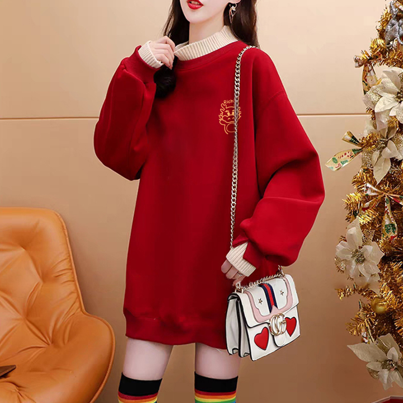 Pure cotton composite super soft autumn and winter super fire dragon print fake two-piece half turtleneck plus velvet sweatshirt for women