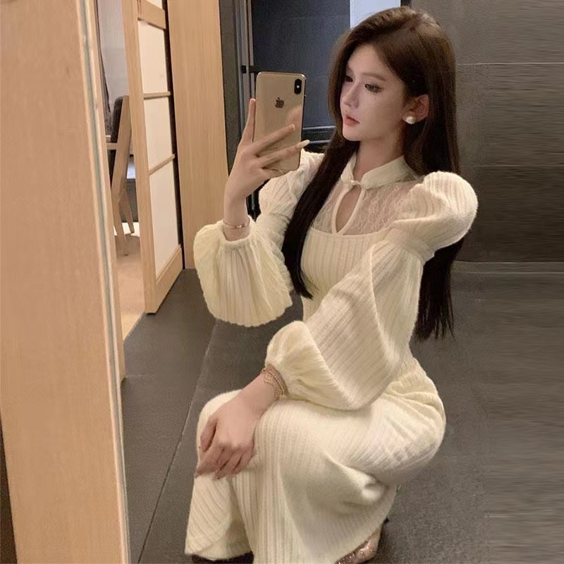 New Chinese style national style socialite Yujie high-end and advanced sense 2024 spring improved cheongsam slim knitted dress for women