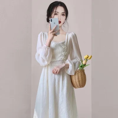 2024 spring new dress sweet lady super slim X-shaped mid skirt square neck long sleeves lantern sleeves spring and autumn