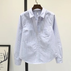 批发官图 显瘦百搭打底衬衫女<b class='q'>秋</b>季新韩版文艺翻领长袖单口袋竖条衬衣