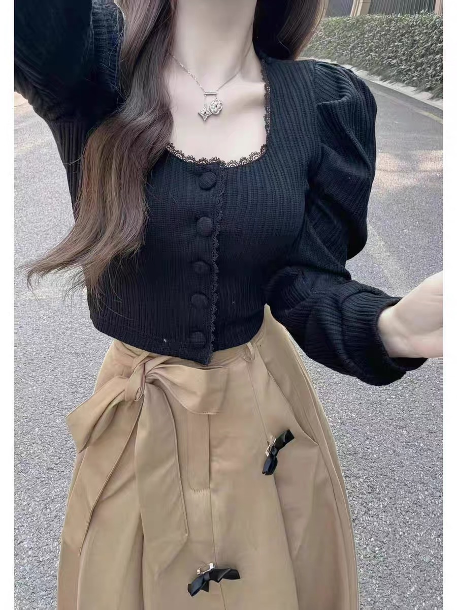 今年流行洋氣獨特别致法式針織上衣女蝴蝶結傘裙氣質半身裙兩件套