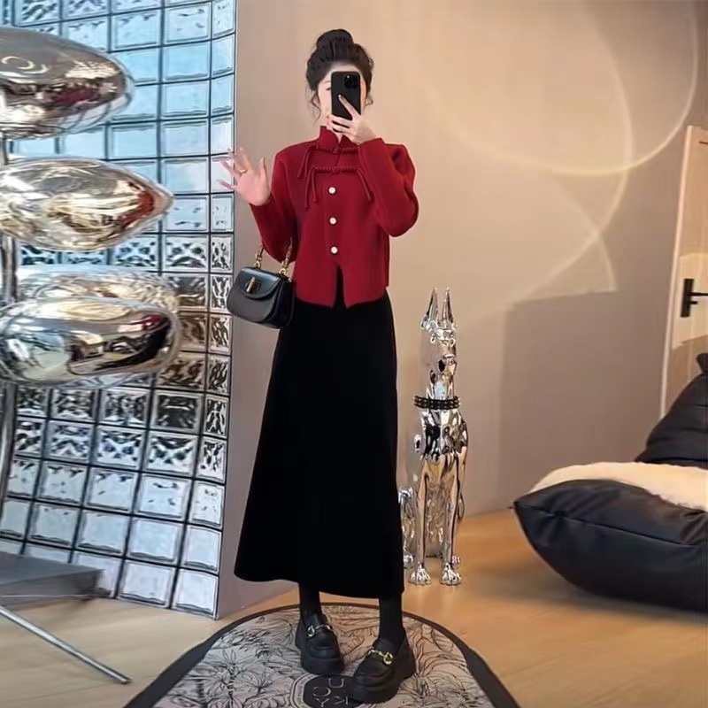 New Chinese style red winter new design button cardigan sweater