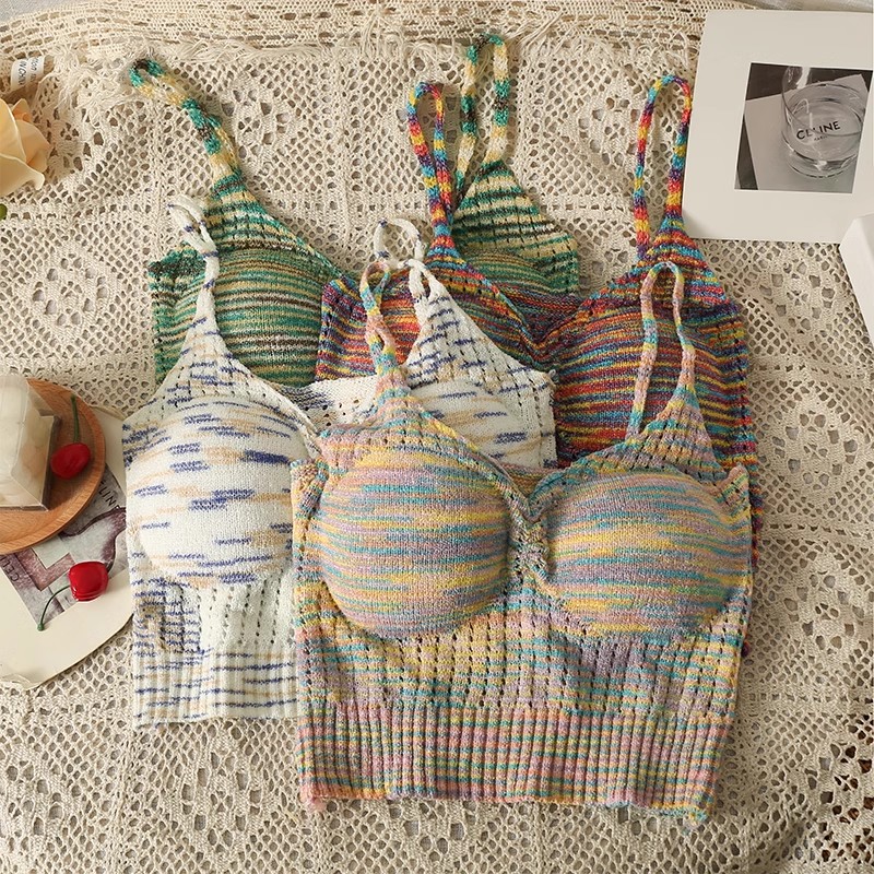 Colorful striped knitted camisole women's summer new design thin sleeveless top with chest pads trendy