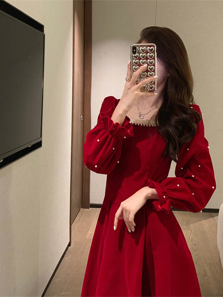 紅色訂婚本命年公主裙子新款連衣裙女秋冬赫本風長款敬酒禮服