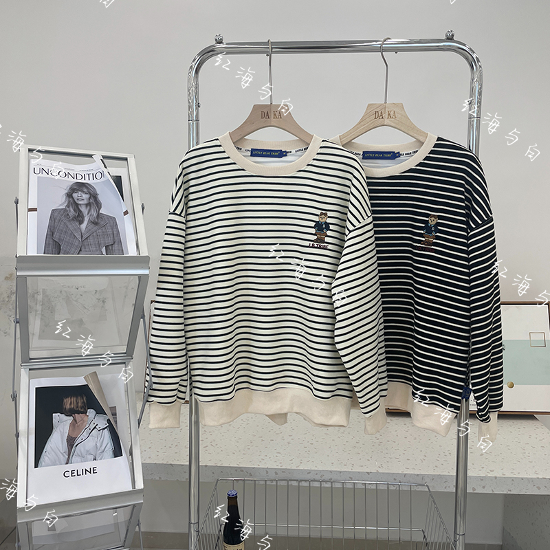 Official picture 300g original quality sweatshirt for women spring and autumn thin striped embroidered round neck long sleeve t-shirt tops for women plus size