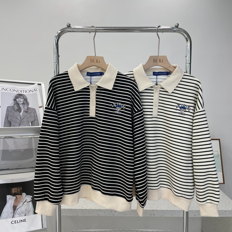 Official picture 300g original quality sweatshirt for women spring and autumn thin striped embroidered lapel long-sleeved T-shirt tops for women plus size