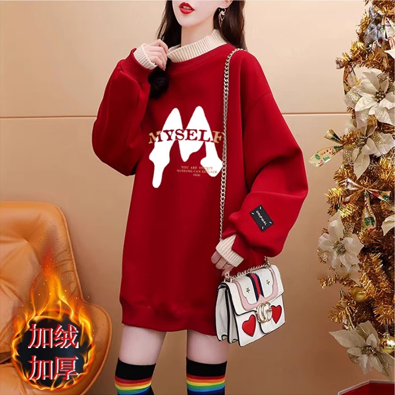 Official picture of Chinese cotton composite true super plus velvet fake two-piece sweatshirt winter half turtleneck thermal top plus size women's 200 pounds