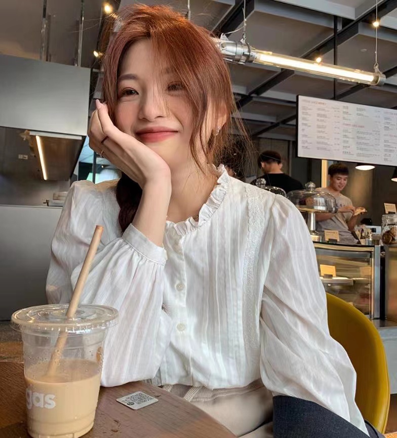 西西里安 秋冬限定~法式復古暗條紋木耳邊襯衫女小個子氣質襯衣