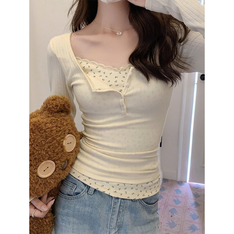 Pure lust style lace low-neck T-shirt women's autumn and winter fake two-piece bm floral bottoming shirt with short top