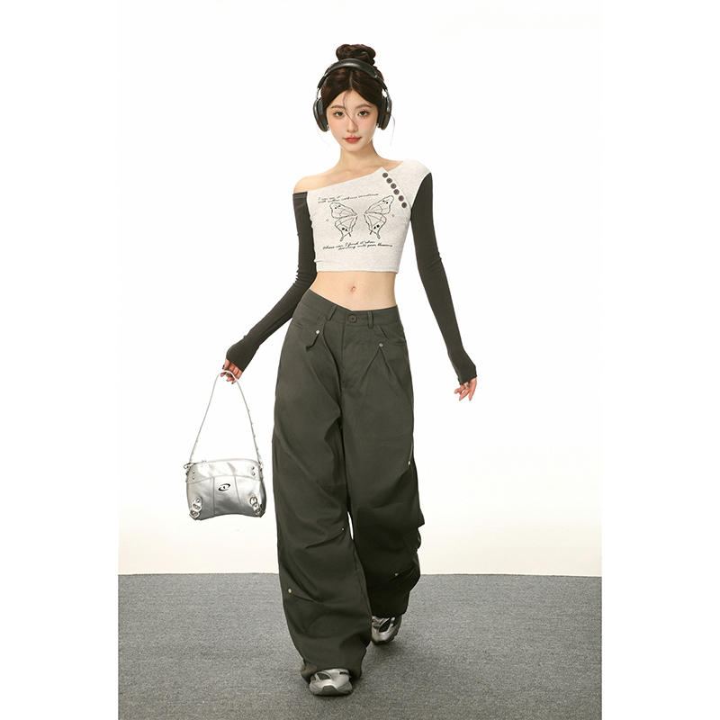 Butterfly Contrast Color Off-Shoulder Button Long Sleeve T-Shirt Women's Spring and Autumn Slim Hot Girl Off-the-Shoulder Short Top