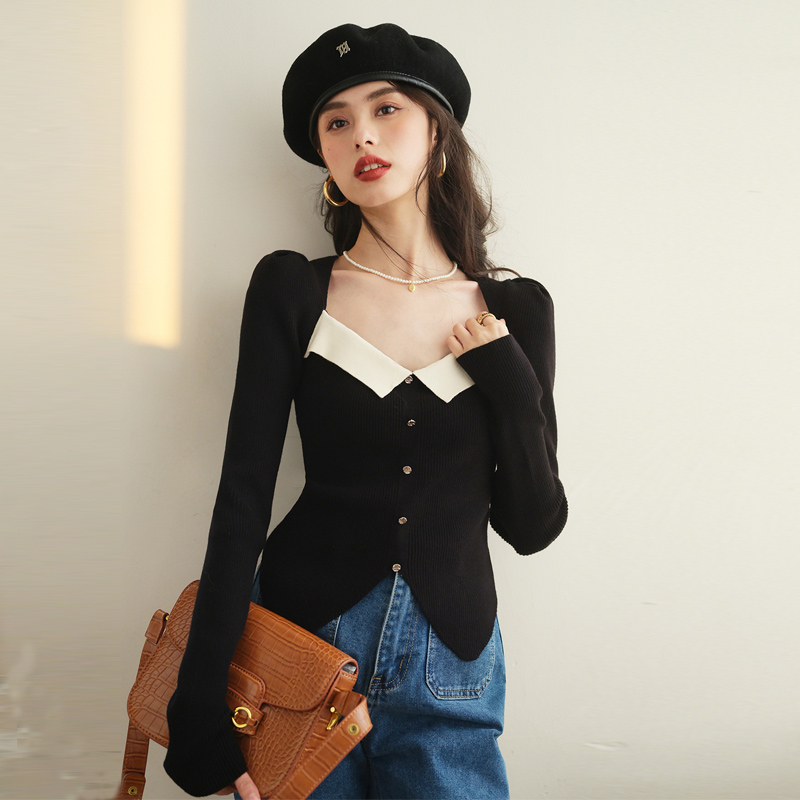 Temperament square collar contrasting color women's autumn and winter new design niche slim short bottoming shirt long-sleeved versatile top