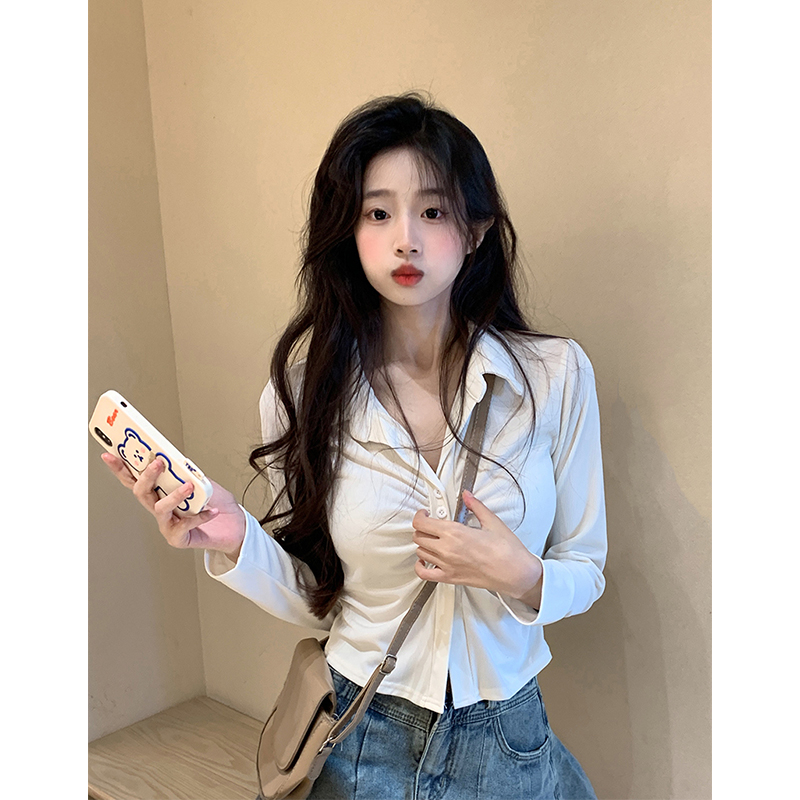 春秋新款純欲辣妹風褶皺時尚小眾百搭親膚彈力V領短款長袖襯衫女