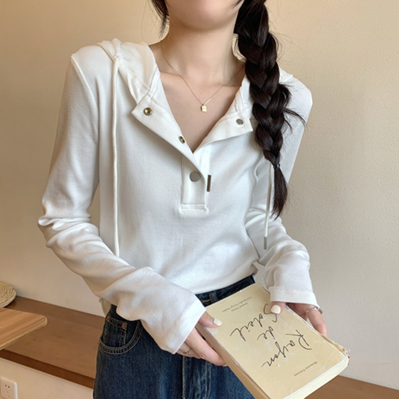 Three-color pure lust style short slim hooded T-shirt for women ins versatile little people spring and autumn inner long-sleeved tops