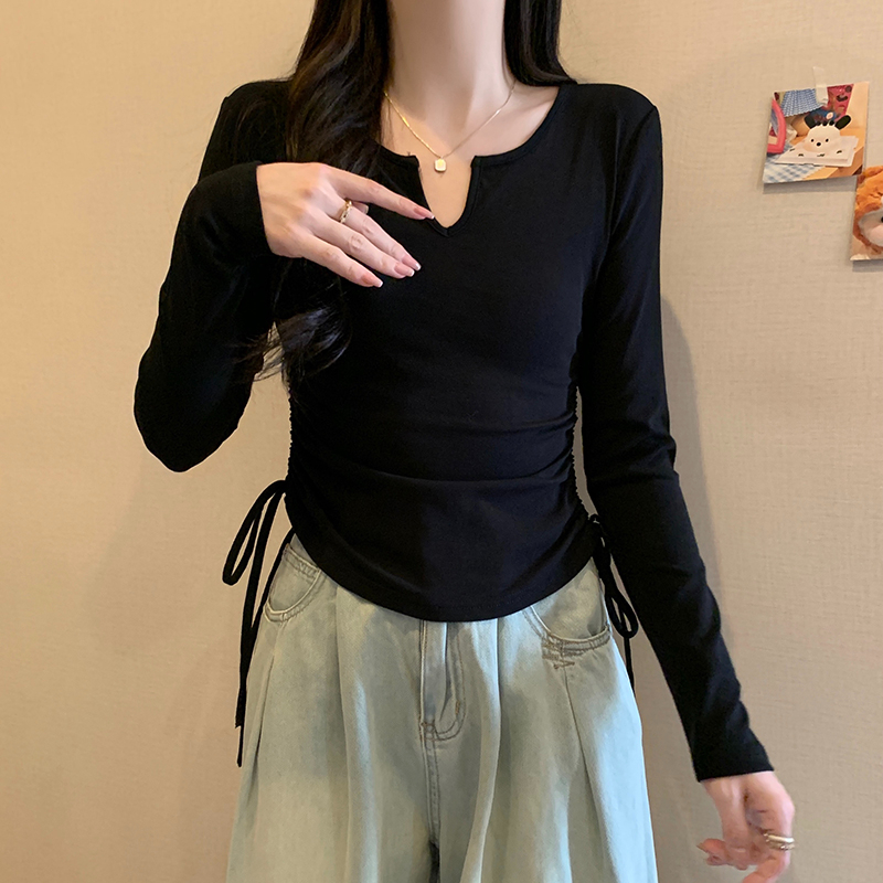 Slim dance wear tops for women, long-sleeved slim drawstring t-shirts, spring and autumn design, short tops with bottoming shirts