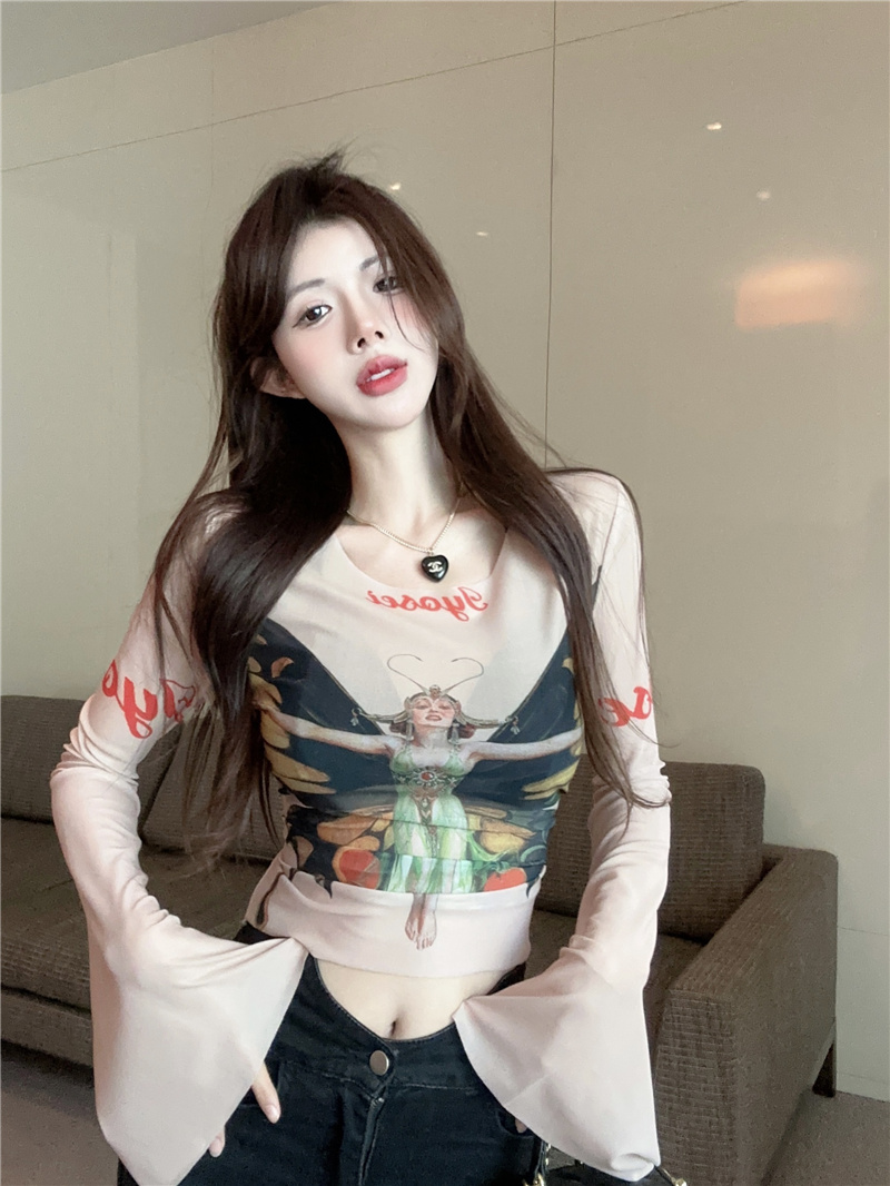 Actual shot ~ 2024 early spring new hot girl portrait pattern printed mesh short T-shirt bottoming shirt for women
