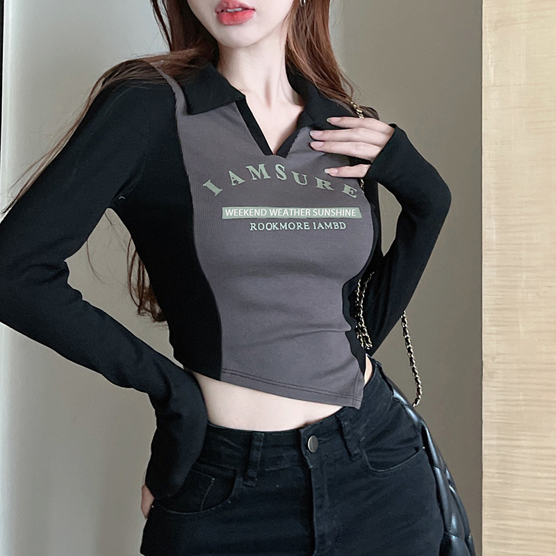 撞色polo領修身長袖t恤女春秋純欲辣妹性感v領上衣別致chic打底衫