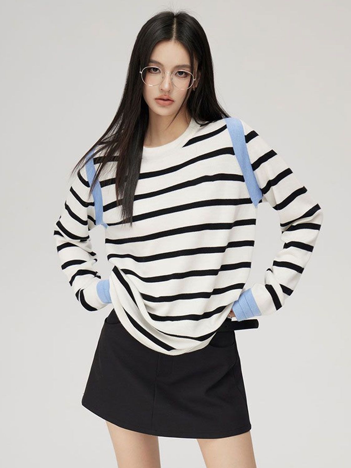 Contrast color striped long-sleeved loose pullover T-shirt bottoming shirt for women autumn new outer wear inner top