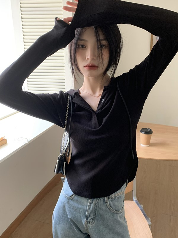Four-color pure lust style white hooded long-sleeved T-shirt for women in autumn slim fit inner layering shirt top ins