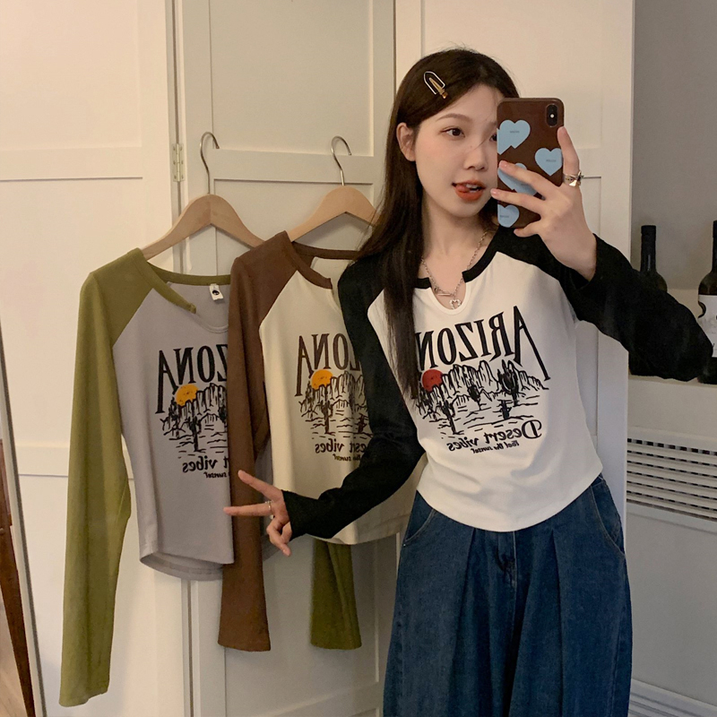 Autumn and winter new street long-sleeved inner letter printed tops t-shirt women's v-neck versatile bottoming shirt