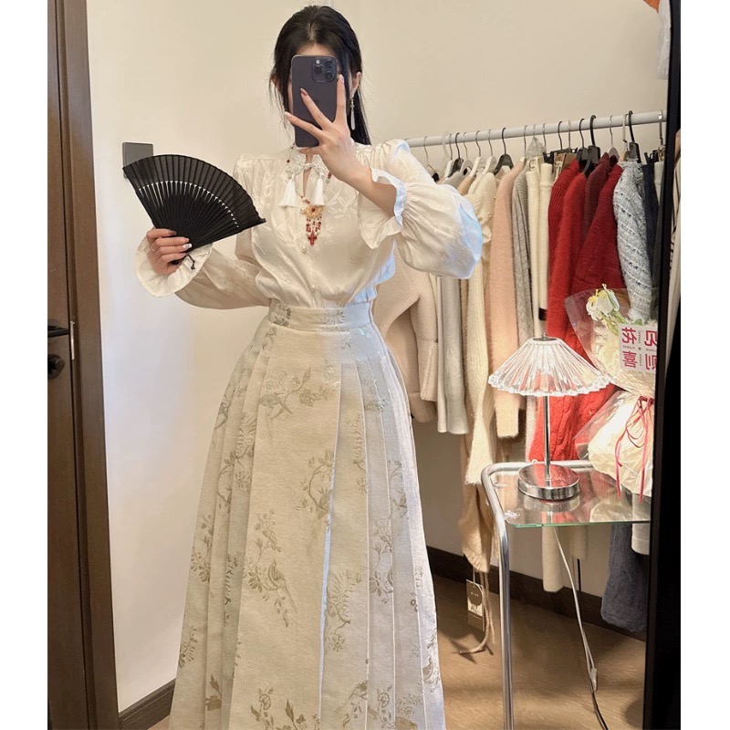 新中式國風襯衫提花馬面裙兩件套高級感小洋裝今年流行漂亮套裝裙