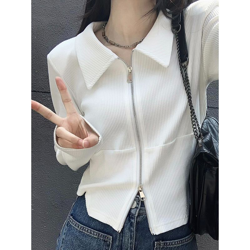 This year's popular beautiful shirt Polo collar short long-sleeved T-shirt women's autumn double zipper high-waisted slim top