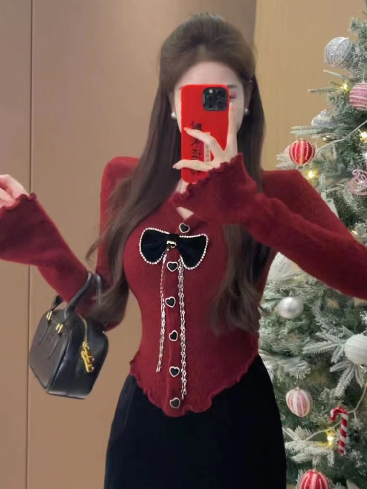 秋冬2024年新年衣服本命年龍年限定上衣別致絕美蝴蝶結紅色毛衣女
