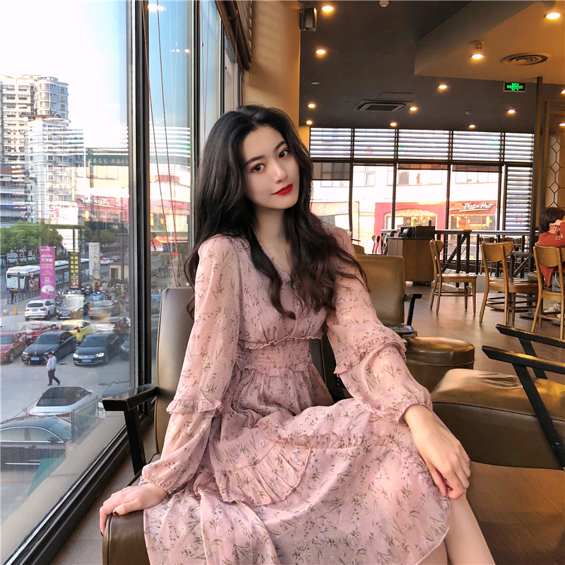 ByYou spring temperament V-neck floral dress 2024 new waist slimming mid-length over-the-knee inner skirt