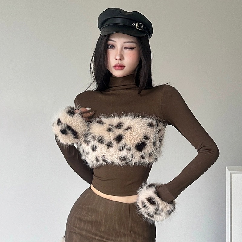 Stylish leopard print fur stitching chest T-shirt women's slim high-neck long-sleeved bottoming top