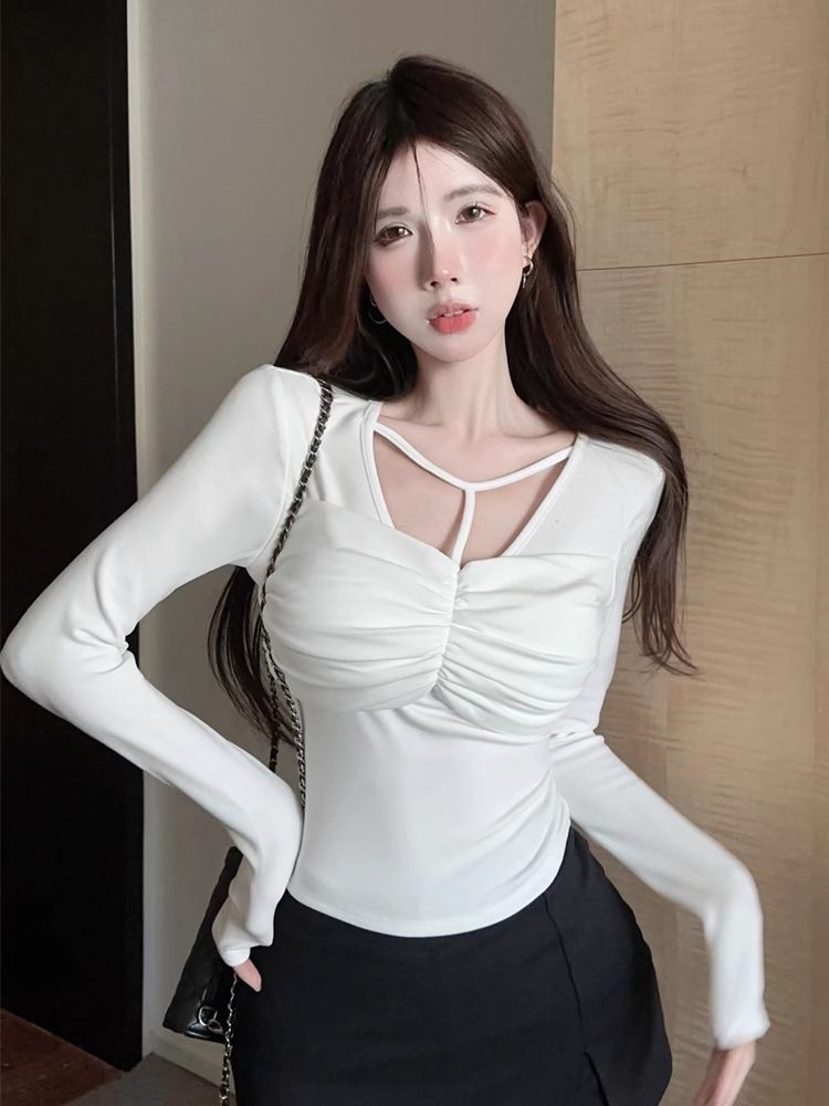Tailor it as you like, sexy and figure-showing halter top for women, autumn and winter Maillard long-sleeved t-shirt