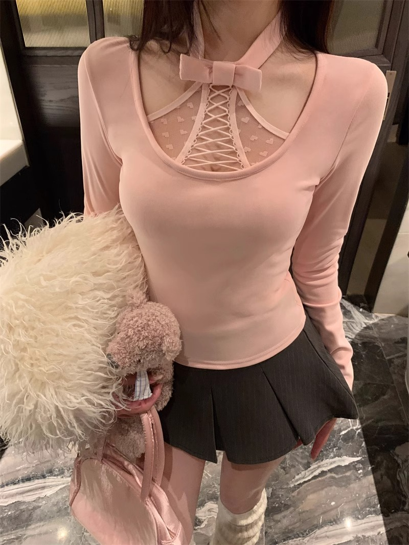 DeRong 280g brushed bow halterneck long-sleeved T-shirt for women in autumn and winter, chic and beautiful
