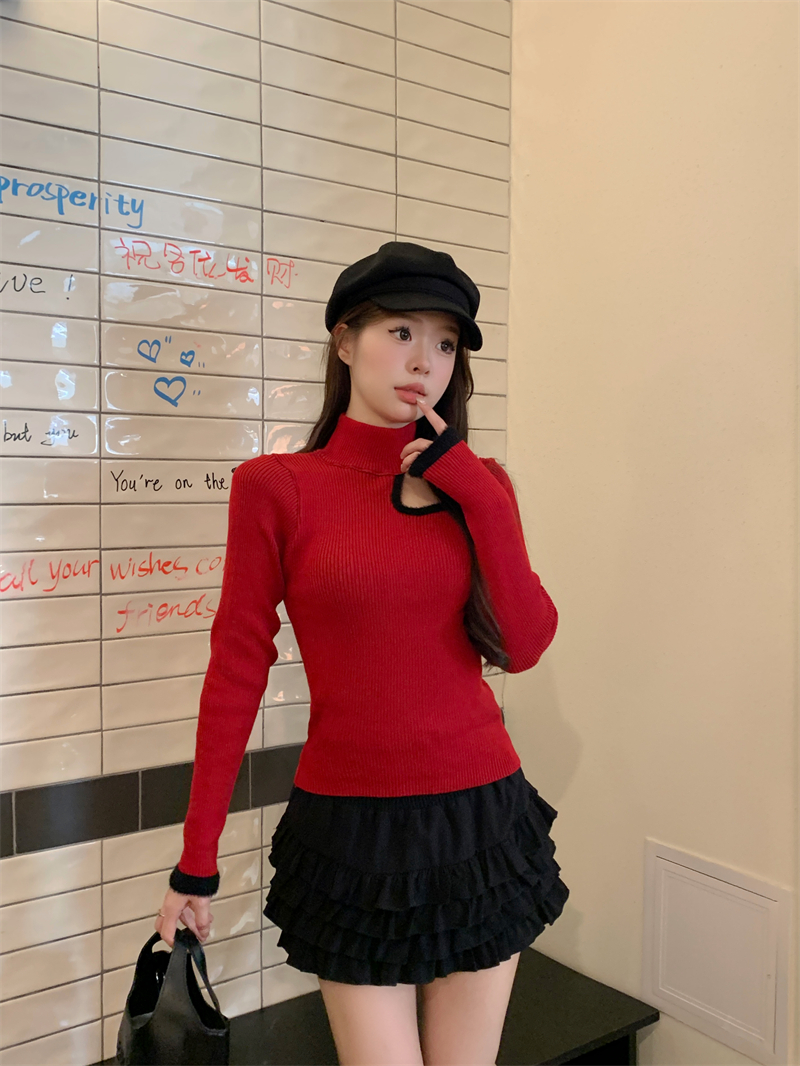 實拍 秋冬新款韓版撞色設計感鏤空半高領針織衫毛衣上衣女