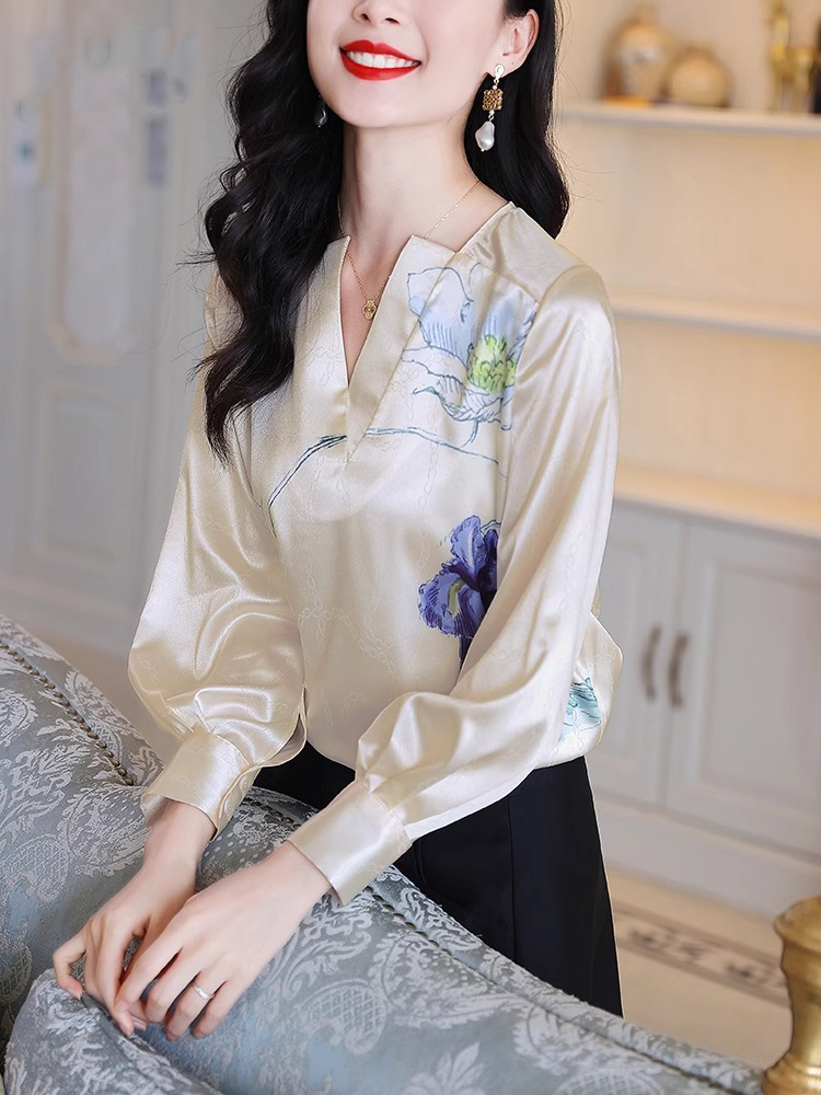 White printed shirt for women 2024 spring new high-end western-style long-sleeved V-neck professional French top
