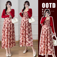 批发实拍现 孕妇装2026新款春夏装 花色吊带裙红色<b class='q'>开衫</b>两件套套装