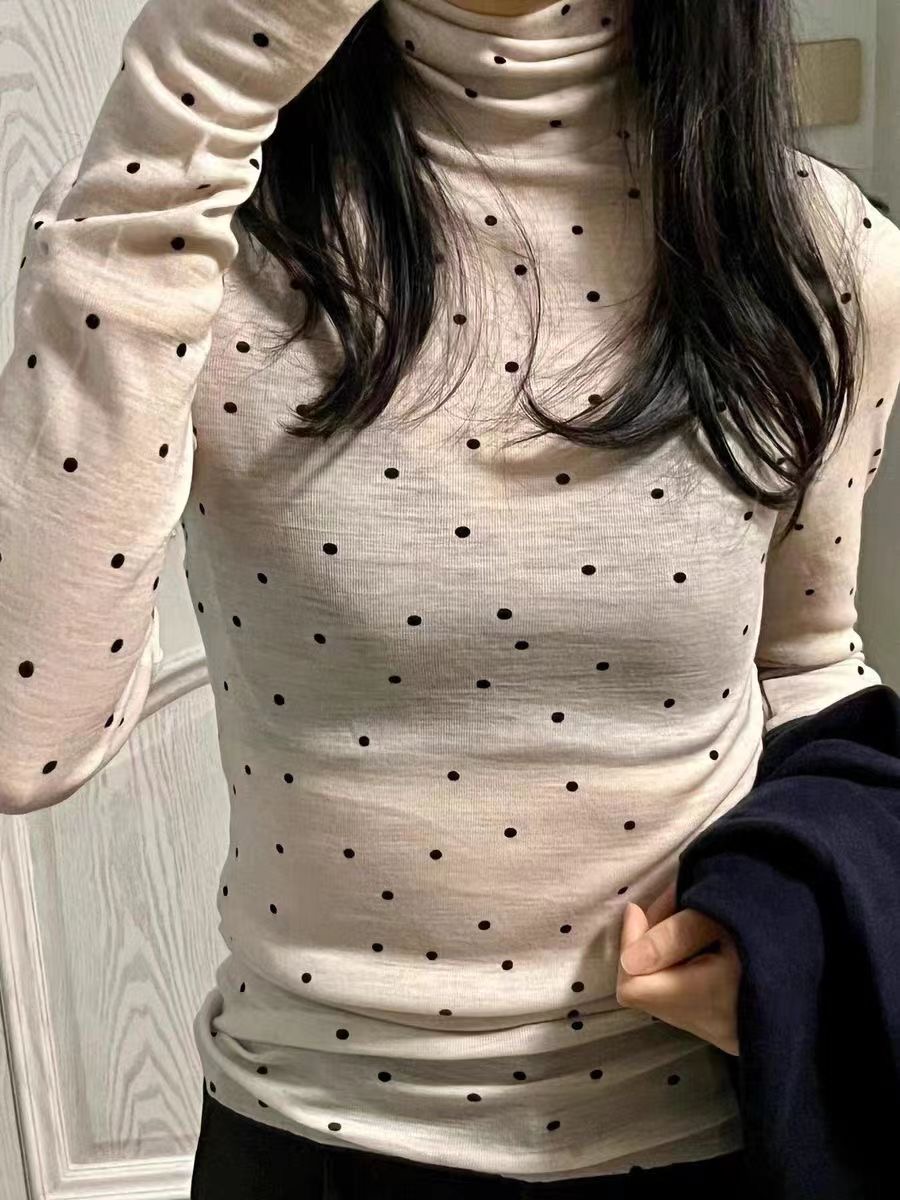 1×1 free-cut polka-dot French high-neck polka-dot women’s new slim fit bottoming shirt with inner top