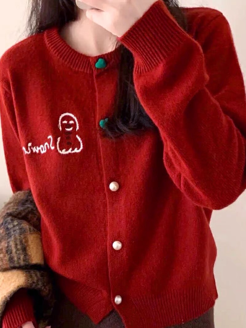 聖誕紅羊絨衫女圓領刺繡開衫本命年針織毛衣寬鬆外套新年羊毛上衣
