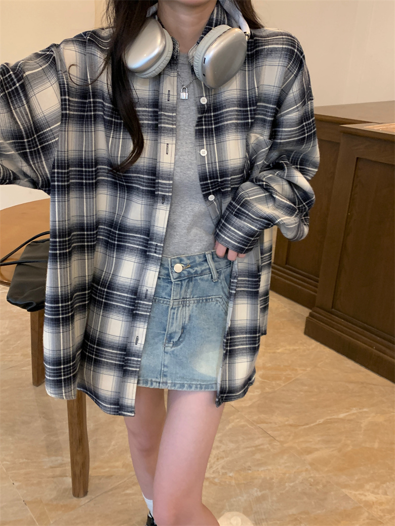 40 Cotton 60 Polyester 2024 Hong Kong Style Retro Plaid Shirt Women's Small Jacket Casual Cardigan