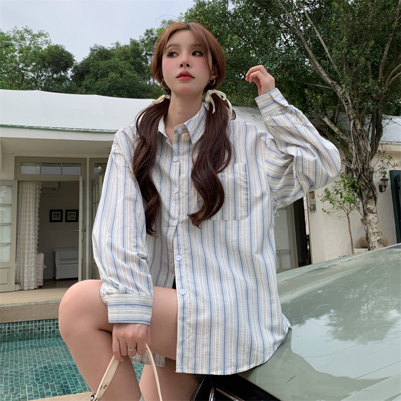 2024 New Women's Spring Autumn and Summer Sun Protection Shirt Jacket Design Niche Blue Striped French Top