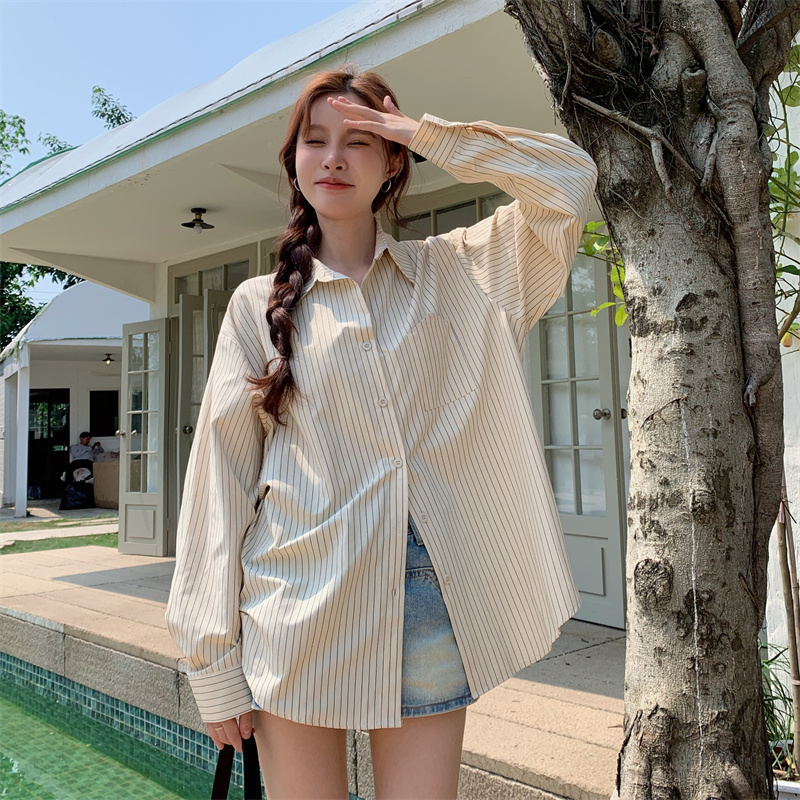 45 cotton 45 polyester 10 viscose 2024 new French long-sleeved striped shirt women's autumn loose top