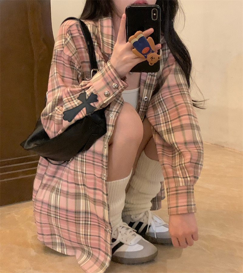 82 polyester 15 rayon 3 spandex 2024 spring and autumn American retro pink plaid shirt jacket top