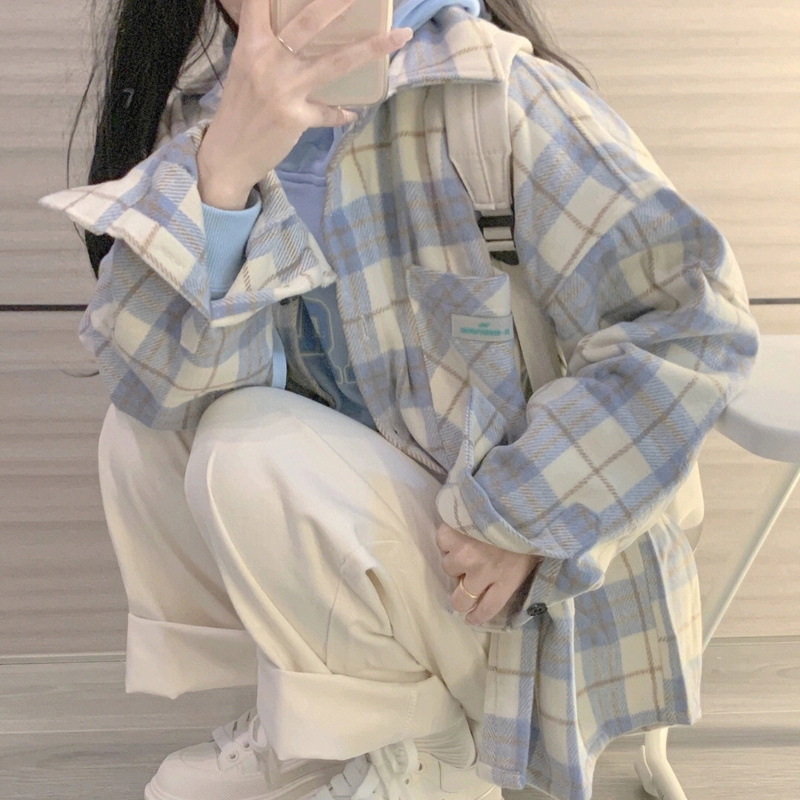 Blue Sun Protection Plaid Shirt Women's 2024 New Spring and Autumn Hong Kong Style Long Sleeve Top