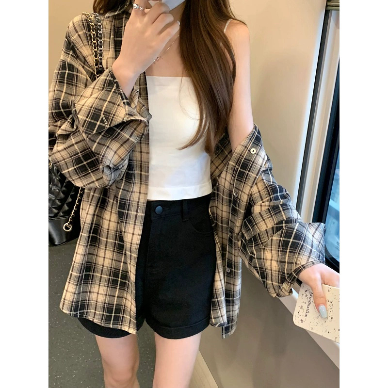 95 cotton 5 polyester 2024 early autumn new retro plaid shirt women's summer thin design top